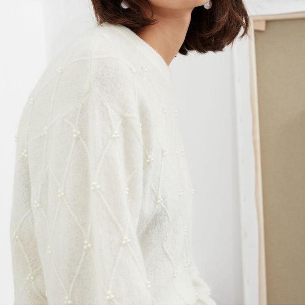 & Other Stories white Pearl-Embellished Crew Neck Sweater